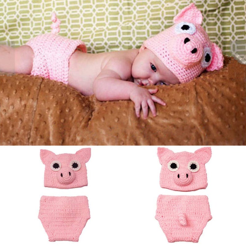 SUNBABY Newborn Photography Props Baby Knitting Wool Material Photography Costume Cute Animal Style Baby Crochet Clothes (Pink Pig) - Image 1